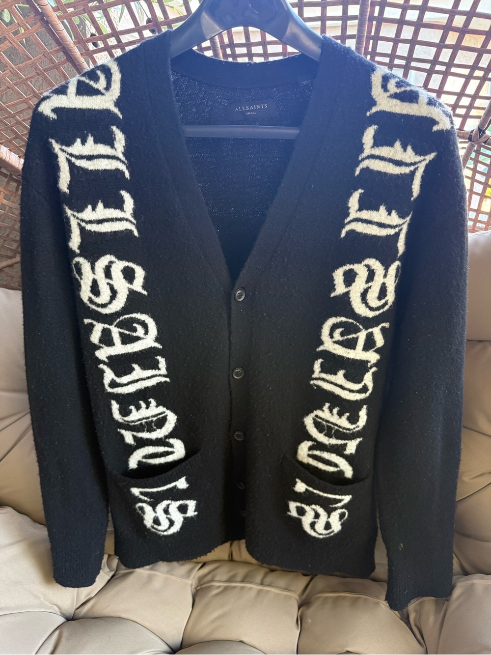 AllSaints Black Cardigan with White Script Panels